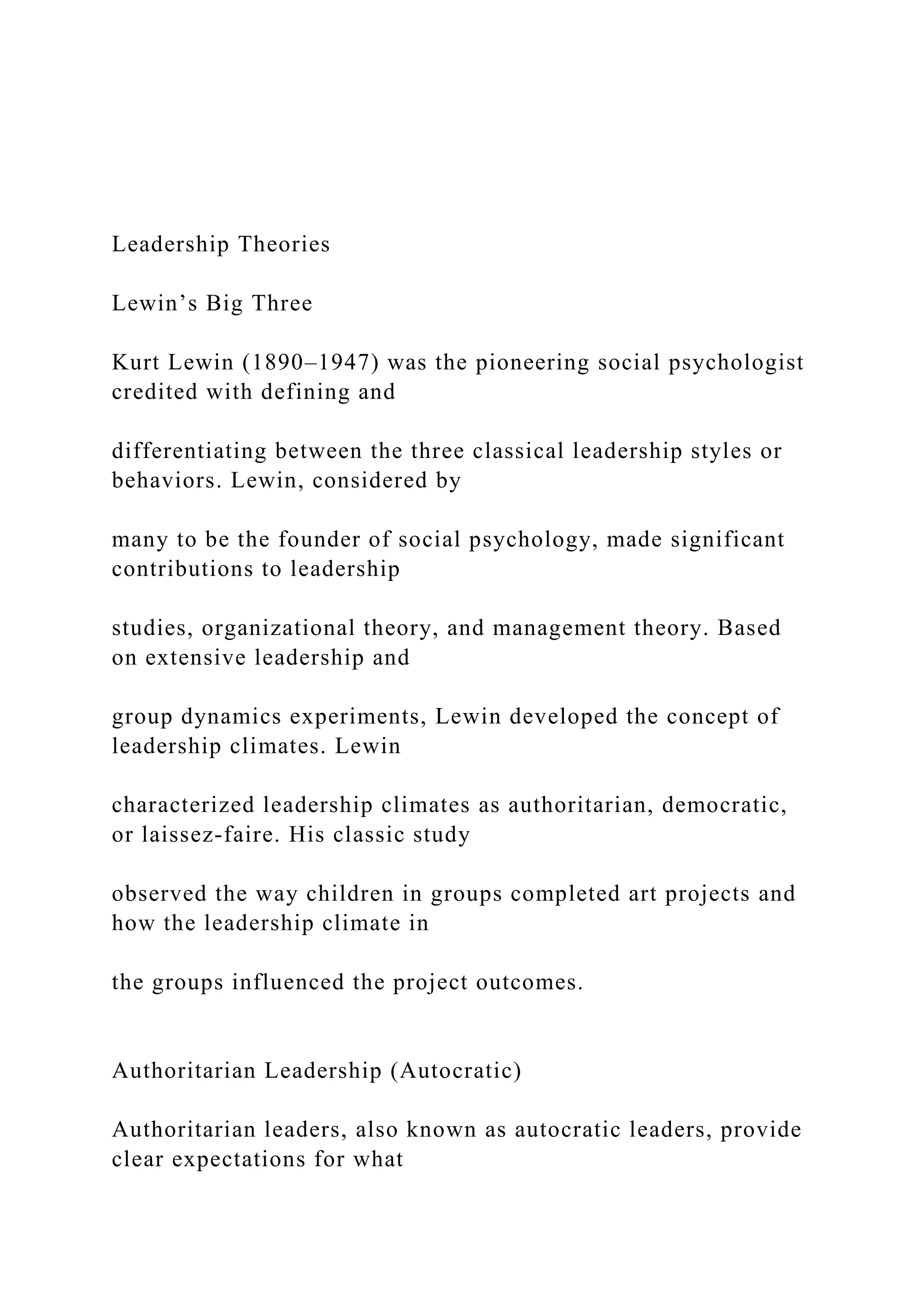 Leadership Theories Lewin’s Big Three Kurt Lewin (189.docx