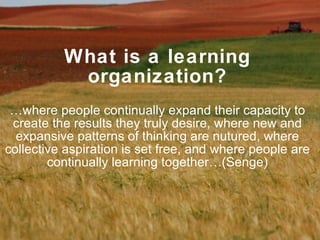 What is a learning organization? …where people continually expand their capacity to create the results they truly desire, ...