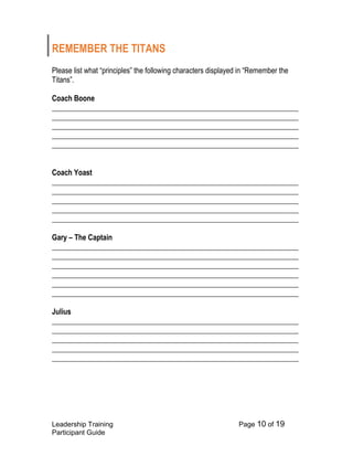 Leadership Training Page 10 of 19 
Participant Guide 
REMEMBER THE TITANS 
Please list what “principles” the following characters displayed in “Remember the Titans”. 
Coach Boone 
___________________________________________________________________ ___________________________________________________________________ ___________________________________________________________________ ___________________________________________________________________ ___________________________________________________________________ 
Coach Yoast 
___________________________________________________________________ ___________________________________________________________________ ___________________________________________________________________ ___________________________________________________________________ ___________________________________________________________________ 
Gary – The Captain 
___________________________________________________________________ ___________________________________________________________________ ___________________________________________________________________ ___________________________________________________________________ ___________________________________________________________________ ___________________________________________________________________ 
Julius 
___________________________________________________________________ ___________________________________________________________________ ___________________________________________________________________ ___________________________________________________________________ ___________________________________________________________________ 
 