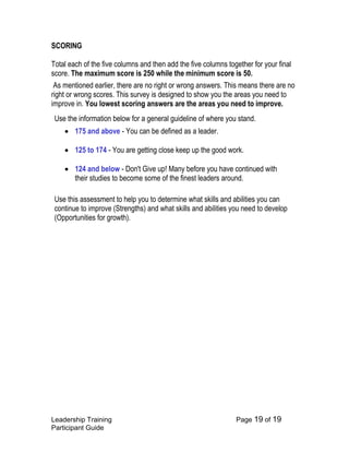 Leadership Training Page 19 of 19 
Participant Guide 
SCORING 
Total each of the five columns and then add the five columns together for your final score. The maximum score is 250 while the minimum score is 50. 
As mentioned earlier, there are no right or wrong answers. This means there are no right or wrong scores. This survey is designed to show you the areas you need to improve in. You lowest scoring answers are the areas you need to improve. 
Use the information below for a general guideline of where you stand. 
 175 and above - You can be defined as a leader. 
 125 to 174 - You are getting close keep up the good work. 
 124 and below - Don't Give up! Many before you have continued with their studies to become some of the finest leaders around. 
Use this assessment to help you to determine what skills and abilities you can continue to improve (Strengths) and what skills and abilities you need to develop (Opportunities for growth). 
