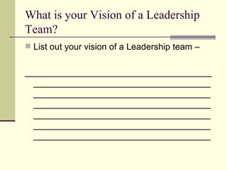 What is your Vision of a Leadership Team?  <ul><li>List out your vision of a Leadership team – </li></ul><ul><li>_________...