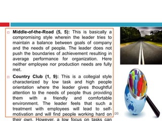 4/4/2017
 Middle-of-the-Road (5, 5): This is basically a
compromising style wherein the leader tries to
maintain a balance between goals of company
and the needs of people. The leader does not
push the boundaries of achievement resulting in
average performance for organization. Here
neither employee nor production needs are fully
met.
 Country Club (1, 9): This is a collegial style
characterized by low task and high people
orientation where the leader gives thoughtful
attention to the needs of people thus providing
them with a friendly and comfortable
environment. The leader feels that such a
treatment with employees will lead to self-
motivation and will find people working hard on
 