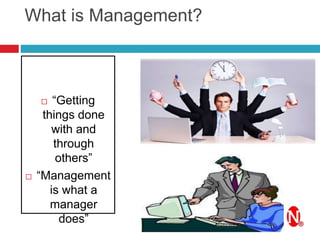 What is Management?
4/4/2017
 “Getting
things done
with and
through
others”
 “Management
is what a
manager
does”
 
