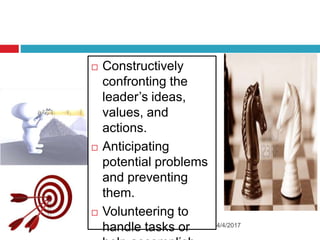 4/4/2017
 Constructively
confronting the
leader’s ideas,
values, and
actions.
 Anticipating
potential problems
and preventing
them.
 Volunteering to
handle tasks or
 