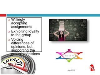 4/4/2017
 Willingly
accepting
assignments
 Exhibiting loyalty
to the group
 Voicing
differences of
opinions, but
supporting the
group's decisions
 