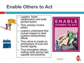 Enable Others to Act
 Leaders foster
collaboration and build
spirited teams
 They actively involve
others
 Leaders understand that
mutual respect is what
sustains extraordinary
efforts.
 They strive to create an
atmosphere of trust and
human dignity.
 They strengthen others,
making each person feel
capable and powerful.
4/4/2017
 