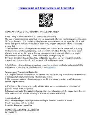 Leadership Transformational And Transactional Leadership | PDF