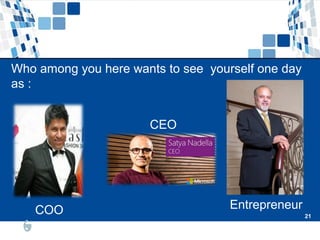 21
21
Who among you here wants to see yourself one day
as :
COO
CEO
Entrepreneur
 