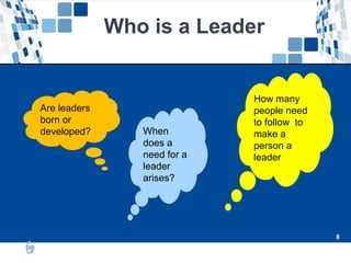 8
8
Are leaders
born or
developed? When
does a
need for a
leader
arises?
How many
people need
to follow to
make a
person a
leader
Who is a Leader
 