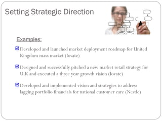 Setting Strategic Direction


   Examples:
    Developed and launched market deployment roadmap for United
     Kingdom mass market (Iovate)

    Designed and successfully pitched a new market retail strategy for
     U.K and executed a three year growth vision (Iovate)

    Developed and implemented vision and strategies to address
     lagging portfolio financials for national customer care (Nestle)
 