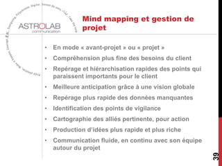 Mind mapping et gestion de
projet
• En mode « avant-projet » ou « projet »
• Compréhension plus fine des besoins du client
• Repérage et hiérarchisation rapides des points qui
paraissent importants pour le client
• Meilleure anticipation grâce à une vision globale
• Repérage plus rapide des données manquantes
• Identification des points de vigilance
• Cartographie des alliés pertinente, pour action
• Production d’idées plus rapide et plus riche
• Communication fluide, en continu avec son équipe
autour du projet
39
 
