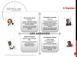 Emmanuelle Hervé
Ingénieur
15 ans expatriée DuPont
de Nemours responsable
de la BU EMEA
7 ans de communication
de crise pétrochimie et
pharma
Christophe Lamandé
Historien
15 ans à la direction de la
communication et du
Marketing chez Carrefour
Turquie et Carrefour
Groupe
Officier de réserve de la
gendarmerie Nationale
Robert de Quelen
Master coach et Master
PNL
25 ans de communication
en France et à
l’international pour
Edelman et Eon
Jean-Baptiste Plantin
Expert digital
20 ans de projet e-
business et
communication digitale
Ministère de la défense,
groupe PPR et Crédit
Agricole
L’équipe
LES ASSOCIES
42
© ASTROLAB Communication - www.astrolab-communication.com
 