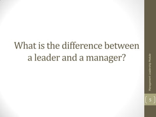 What is the difference between
  a leader and a manager?




                                 Management Leadership Module
                                           5
 