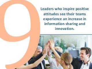 Leaders who inspire positive
attitudes see their teams
experience an increase in
information sharing and
innovation.
 