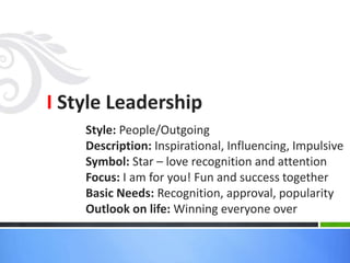 I Style Leadership 
Style: People/Outgoing 
Description: Inspirational, Influencing, Impulsive 
Symbol: Star – love recognition and attention 
Focus: I am for you! Fun and success together 
Basic Needs: Recognition, approval, popularity 
Outlook on life: Winning everyone over 
 