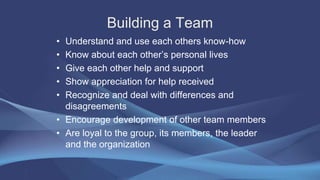 Building a Team
• Understand and use each others know-how
• Know about each other’s personal lives
• Give each other help ...