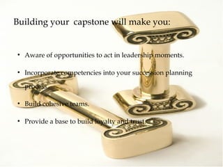 Building your capstone will make you:
●
Aware of opportunities to act in leadership moments.
●
Incorporate competencies into your succession planning
process.
●
Build cohesive teams.
●
Provide a base to build loyalty and trust.
 