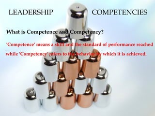 LEADERSHIP COMPETENCIES
What is Competence and Competency?
'Competence' means a skill and the standard of performance reached
while 'Competency' refers to the behavior by which it is achieved.
 