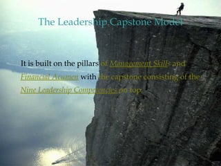 The Leadership Capstone Model
It is built on the pillars of Management Skills and
Financial Acumen with the capstone consisting of the
Nine Leadership Competencies on top.
 