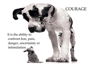 COURAGE
It is the ability to
confront fear, pain,
danger, uncertainty or
intimidation.
 