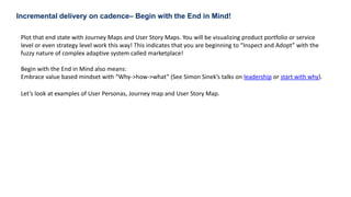 18
Incremental delivery on cadence– Begin with the End in Mind!
Plot that end state with Journey Maps and User Story Maps. You will be visualizing product portfolio or service
level or even strategy level work this way! This indicates that you are beginning to “Inspect and Adopt” with the
fuzzy nature of complex adaptive system called marketplace!
Begin with the End in Mind also means:
Embrace value based mindset with “Why->how->what” (See Simon Sinek’s talks on leadership or start with why).
Let’s look at examples of User Personas, Journey map and User Story Map.
 