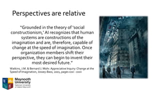 Perspectives are relative
“Grounded in the theory of ‘social
constructionism,’ AI recognizes that human
systems are constructions of the
imagination and are, therefore, capable of
change at the speed of imagination. Once
organization members shift their
perspective, they can begin to invent their
most desired future.”
Watkins, J.M. & Bernard J. Mohr. Appreciative Inquiry:Change at the
Speed of Imagination, Jossey-Bass, 2001, pages xxxi - xxxii
 