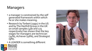 Managers
• a manager is constrained by the self
generated framework within which
he or she makes meaning.
• Research byTorbert (1991) in the US
and byThe Harthill Group in the UK
on small samples (487 and 125
respectively) has shown that the key
stages for managers are technician
(34%), Achiever (46%), and Strategist
(9%).
• A LEADER is something different
 
