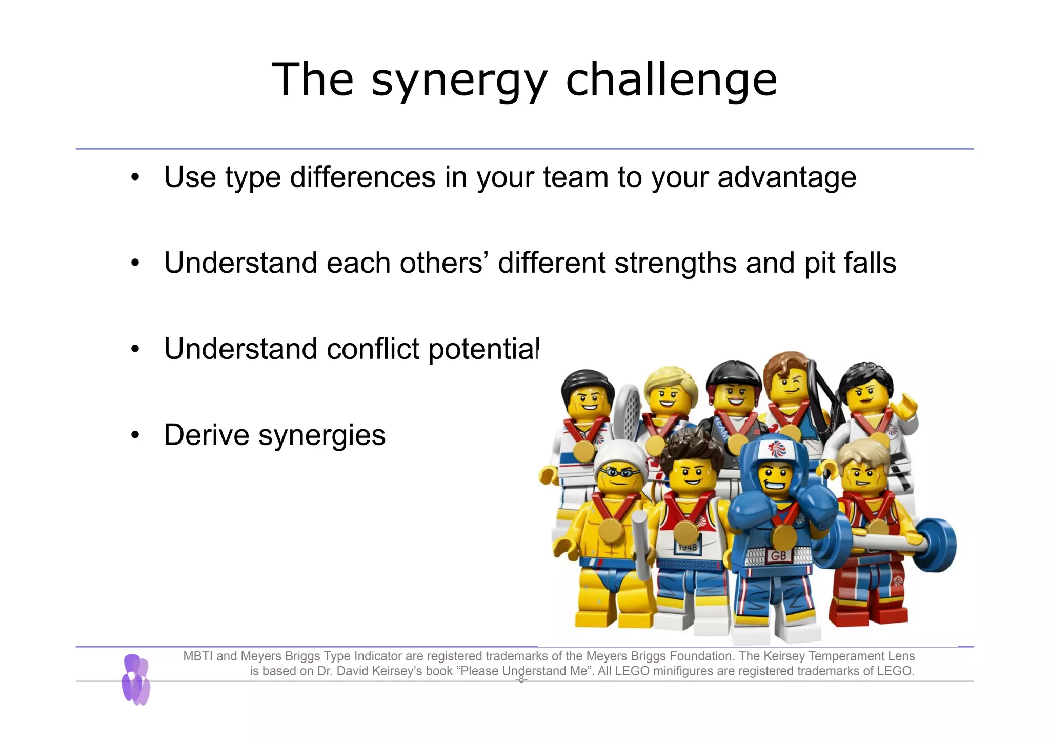 -8-
The synergy challenge
•  Use type differences in your team to your advantage
•  Understand each others’ different strengths and pit falls
•  Understand conflict potential
•  Derive synergies
MBTI and Meyers Briggs Type Indicator are registered trademarks of the Meyers Briggs Foundation. The Keirsey Temperament Lens
is based on Dr. David Keirsey’s book “Please Understand Me”. All LEGO minifigures are registered trademarks of LEGO.
 
