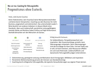 | leadersmind.de | Seite
Was wir tun: Coaching für Führungskräfte
Pragmatismus ohne Esoterik.
52015Coaching & Sparring für Führungskräfte und Projekte
 Zielorientierung, gesteigerte Leistung und Motivation durch Anregungen, Reflektion und Inspiration
 Persönliche Weiterentwicklung jenseits der Grenzen von Standardtrainings
 Coaching durch erfolgreiche Führungskräfte, die typische Herausforderungen aus eigener Praxis kennen
Viele, viele bunte Coaches
Keine Teekränzchen, kein Feuerlauf, keine Manipulationstechniken
und keine leeren Versprechen. Coaching aus dem Business für mehr
Business, pragmatisch und zielorientiert. Das unterscheidet Leader‘s
Mind deutlich von anderen Anbietern in diesem Markt ohne
Standards. Aber auch Leidenschaft, persönliche Leistungsfähigkeit,
mentale Stärke und Resilienz haben Einfluss auf High Performance.
Deshalb betrachten wir den Menschen als Ganzes.
Erfolg braucht Freiraum
Für Selbstreflexion, Perspektivenwechsel und
Inspiration. Wer Zusammenhänge versteht, kann
Überzeugungen entwickeln. Denn Überzeugungen
sind die Grundlage für klare Ziele. Und wer weiß, was
er will, ist hoch motiviert, setzt Ressourcen effektiv
ein und nutzt Potenziale. Leidenschaftliche und
dynamische Führungskräfte prägen Unternehmen.
 