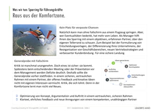 | leadersmind.de | Seite
 Optimierung von Konzept, Argumentation und Auftritt in einem vertraulichen, sicheren Rahmen
 Klartext, ehrliches Feedback und neue Anregungen von einem kompetenten, unabhängigen Partner
Was wir tun: Sparring für Führungskräfte
Raus aus der Komfortzone.
62015Coaching & Sparring für Führungskräfte und Projekte
Kein Platz für verpasste Chancen
Natürlich kann man ohne Fallschirm aus einem Flugzeug springen. Aber,
wer Eventualitäten bedenkt, hat mehr vom Leben. Als Manager hilft
Ihnen das Sparring mit einem objektiven, erfahrenen Partner, über den
eigenen Tellerrand zu schauen. Zum Beispiel bei der Formulierung von
Entscheidungsvorlagen, der Differenzierung Ihres Unternehmens, der
Reorganisation von Geschäftsbereichen, neuen Vertriebsstrategien und
verbesserter Kundenbindung. Für eine sichere Landung.
Generalprobe mit Fallschirm
Kritik ist manchmal unangenehm. Doch eines ist sicher: sie kommt.
Spätestens beim entscheidenden Meeting oder der Präsentation vor
dem Management werden Defizite deutlich. Deshalb sollte die
Generalprobe vorher stattfinden. In einem sicheren, vertraulichen
Rahmen mit einem Partner, der offenes Feedback und kreative Ideen
nicht mit eigenen Interessen vermischt. Kritik, die sich lohnt. Denn in der
Komfortzone lernt man nicht viel Neues.
 