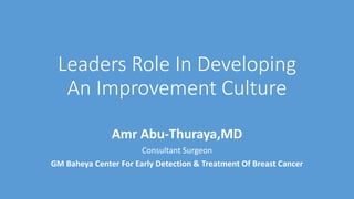 Leaders Role In Developing
An Improvement Culture
Amr Abu-Thuraya,MD
Consultant Surgeon
GM Baheya Center For Early Detection & Treatment Of Breast Cancer
 