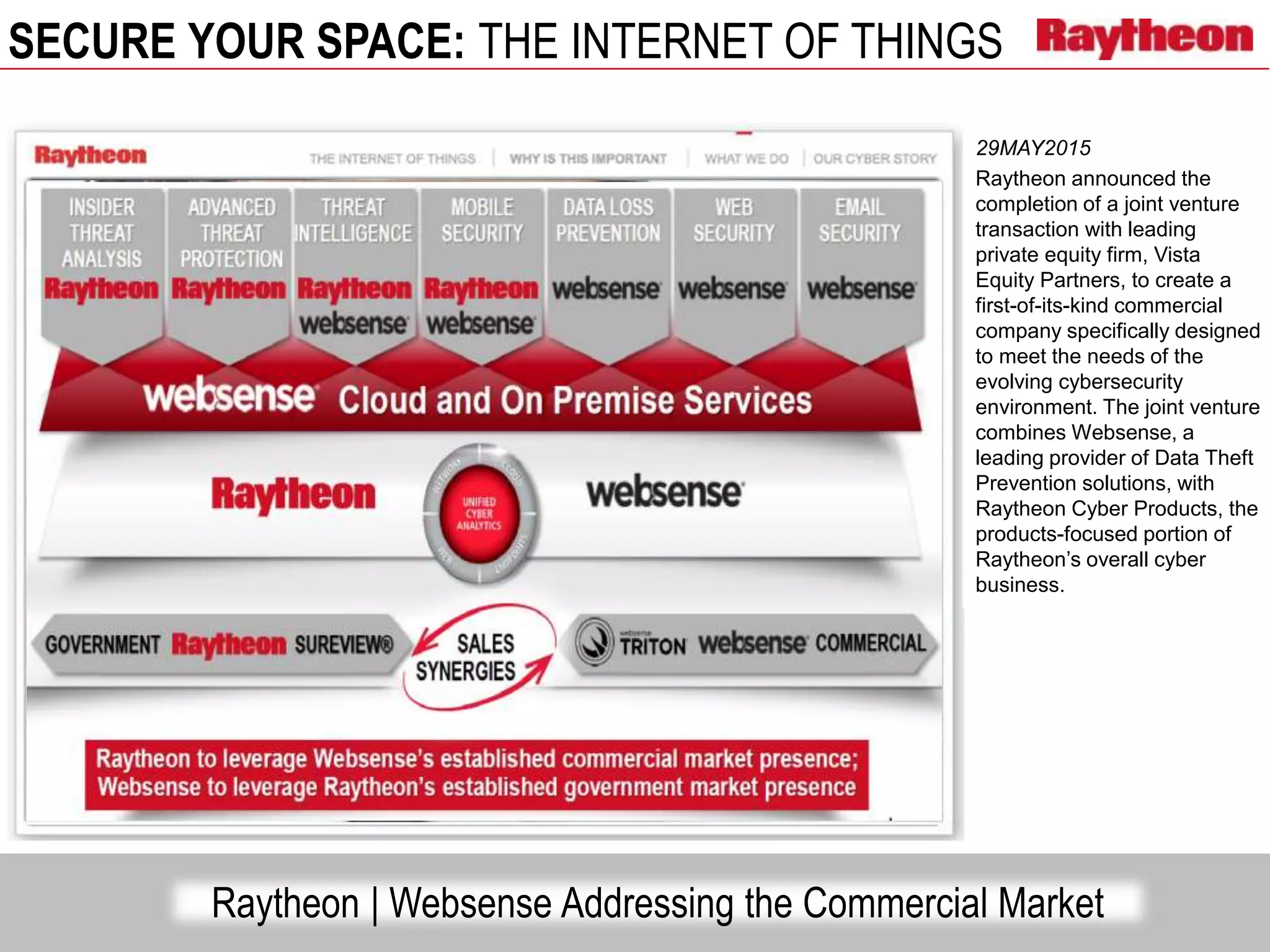 SECURE YOUR SPACE: THE INTERNET OF THINGS
Raytheon | Websense Addressing the Commercial Market
29MAY2015
Raytheon announced the
completion of a joint venture
transaction with leading
private equity firm, Vista
Equity Partners, to create a
first-of-its-kind commercial
company specifically designed
to meet the needs of the
evolving cybersecurity
environment. The joint venture
combines Websense, a
leading provider of Data Theft
Prevention solutions, with
Raytheon Cyber Products, the
products-focused portion of
Raytheon’s overall cyber
business.
 