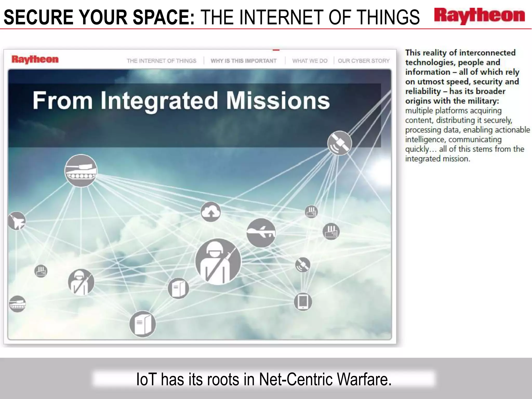 SECURE YOUR SPACE: THE INTERNET OF THINGS
IoT has its roots in Net-Centric Warfare.
 