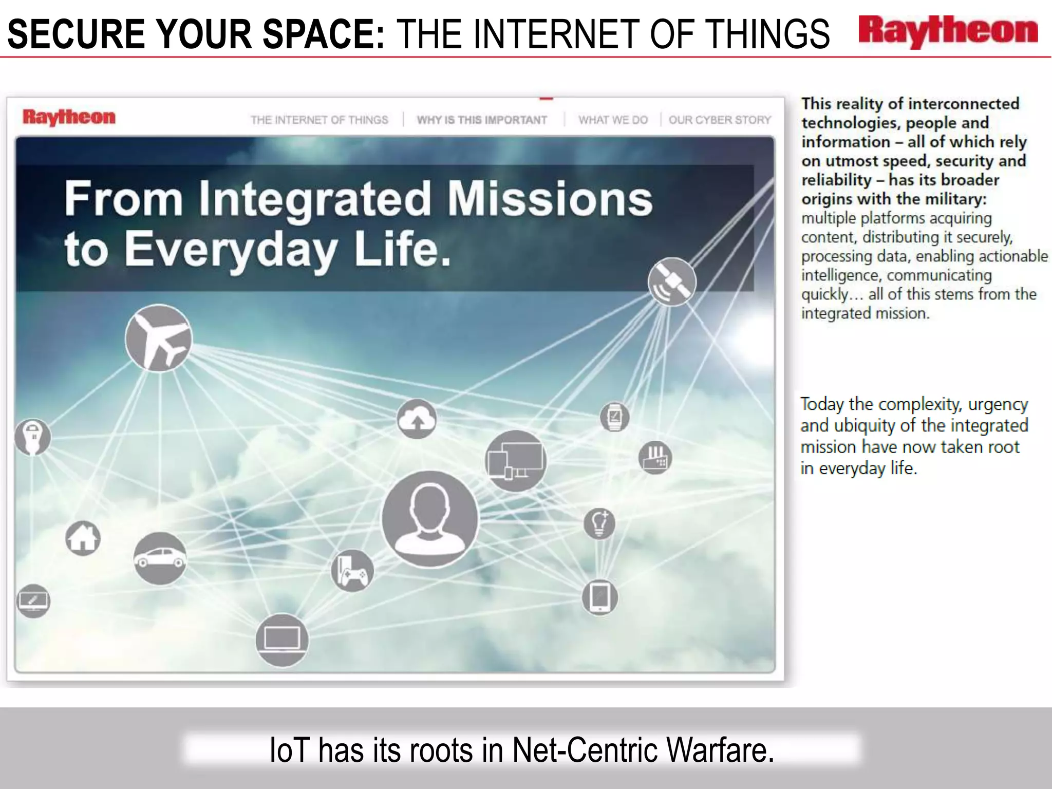 SECURE YOUR SPACE: THE INTERNET OF THINGS
IoT has its roots in Net-Centric Warfare.
 