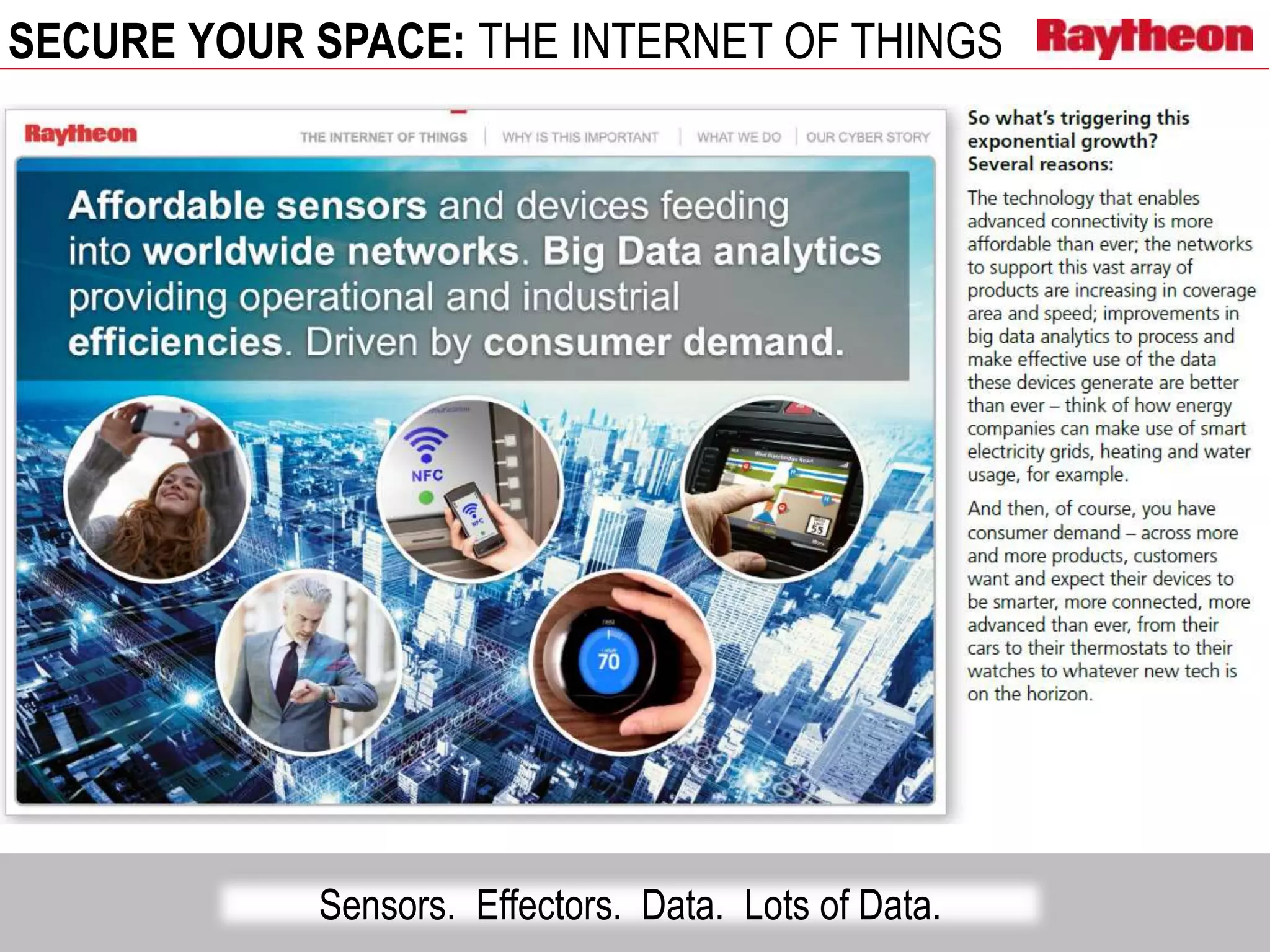 SECURE YOUR SPACE: THE INTERNET OF THINGS
Sensors. Effectors. Data. Lots of Data.
 