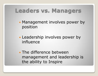 Leaders vs. Managers
 Management involves power by
position
 Leadership involves power by
influence
 The difference between
management and leadership is
the ability to Inspire
 
