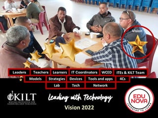 Vision 2022
Vision
Leading with Technology
Strategies Devices Tools and apps
Models 4Cs
Teachers Learners IT Coordinators
Leaders WCED
Lab Tech Network
ITEs & KILT Team
 