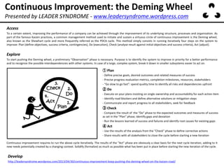 Continuous Improvement: the Deming Wheel
Access
To a certain extent, improving the performance of a company can be achieved through the improvement of its underlying structure, processes and organization. As
part of the famous Kaizen practices, a common management method used to initiate and sustain a virtuous circle of continuous improvement is the Deming wheel,
also known as the Shewhart cycle and more frequently referred as the PDCA cycle. This method simply consists in running iteratively four steps on the system to
improve: Plan (define objectives, success criteria, contingencies), Do (execution), Check (analyse result against initial objectives and success criteria), Act (adjust).
① Plan
- Define precise goals, desired outcomes and related measures of success
- Precise progress evaluation metrics, completion milestones, resources, stakeholders
- “Go slow to go fast”: spend quality time to identify all risks and dependencies upfront
② Do
- Execute on your plans insisting on single ownership and accountability for each action item
- Identify road blockers and define alternative solutions or mitigation steps
- Communicate and report progress to all stakeholders, seek for feedback
③ Check
- Compare the result of the “Do” phase to the expected outcomes and measures of success
as set in the “Plan” phase; identify gaps and deviation
- Run the lessons learned of success and failures and identify root causes for existing gaps
④ Act
- Use the results of the analysis from the “Check” phase to define corrective actions
- Share results with all stakeholders to close the cycle before starting a new iteration
Presented by LEADER SYNDROME - www.leadersyndrome.wordpress.com
Develop
http://leadersyndrome.wordpress.com/2013/04/30/continuous-improvement-keep-pushing-the-deming-wheel-on-the-kaizen-road/
Explore
To start pushing the Deming wheel, a preliminary “Observation” phase is necessary. Purpose is to identify the system to improve in priority for a better performance
and to recognize the possible interdependencies with other systems. In case of a large, complex system, break it down in smaller subsystems easier to act on.
Continuous improvement requires to run the above cycle iteratively. The results of the “Act” phase are obviously a clear basis for the next cycle iteration, adding to it
new needs potentially created by a changing context. Solidify (formalize) as much as possible what has been put in place before starting the new iteration of the cycle.
 
