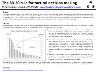 The 80-20 rule for tactical decision making
Access
The Pareto Principle also known as “the 80-20 rule” or “the law of the vital few” simply stipulates that, in many cases, a minority of causes generates a majority of the
effects. This non-linear distribution pattern was initially discovered by Pareto while studying data on land ownership in Italy. It has been since then broadly observed in
different domains (in practice, the distribution can differ from a 80-20 joint ratio). Representing your key business data in a simple Pareto Chart and identifying the
“vital few” will help you to tactically define the areas where to primarily invest (or disinvest) the time and resources of your organization.
 The minority of the inputs leading to the majority of the results is called the “vital
few”, as opposed to the “trivial many”. In our example, the limit of the
cumulative percentage used to identify the “vital few” and “trivial many” has been
set at 80. The joint ratio here is around 80-45; in other words, 80% of the
complaints come from 45% of the products.
 What Pareto principle tells us here is simply that, in order to solve 80% of the
client complaints, you need to fix your quality issues with Products A to I also
called the “vital few”. Investing your time and resource on improving the quality
of the “many trivial”, i.e. Products J to T, will only reduce the client complaints by
20%… Therefore, in this case, you should focus your effort and resources on the
“vital few” and ignore the “many trivial” (that can be eliminated, delegated,
postponed till further notice depending on the type of decision you are involved
with).
 Depending on your objective, you can move this limit and observe the result. For
example, for a cumulative percentage of 70, the joint ratio becomes roughly 70-
30. Or also, if your objective is to reduce client complaints by half, resolving your
issues with products A, B, C and D should meet your target.
Presented by LEADER SYNDROME - www.leadersyndrome.wordpress.com
Develop
http://leadersyndrome.wordpress.com/2012/02/01/when-20-means-80/
Explore
In the graph below, also called Pareto Chart, you will see for example the number of client complaints related to a specific product (left-hand side Y-axis), sorted per
decreasing number of complaints (X-axis) and the cumulative percentage of complaints (right-hand side Y-axis).
Limitation: the use of the Pareto principle is recommended only when a large number of categories and observations data are available. Also it should not replace a
deep analysis of the situation for key strategic decisions. E.g. what if Product L of the above chart is a strategic product whereas Product B is becoming obsolete?
 