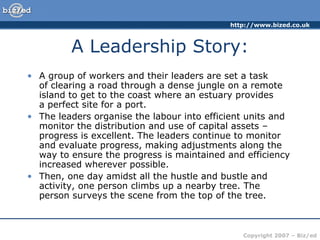 A Leadership Story: A group of workers and their leaders are set a task  of clearing a road through a dense jungle on a remote island to get to the coast where an estuary provides  a perfect site for a port.  The leaders organise the labour into efficient units and monitor the distribution and use of capital assets – progress is excellent. The leaders continue to monitor and evaluate progress, making adjustments along the way to ensure the progress is maintained and efficiency increased wherever possible.  Then, one day amidst all the hustle and bustle and activity, one person climbs up a nearby tree. The person surveys the scene from the top of the tree. 