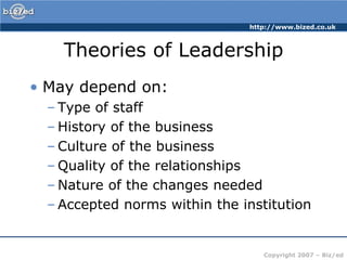 Theories of LeadershipMay depend on:Type of staffHistory of the businessCulture of the businessQuality of the relationshipsNature of the changes neededAccepted norms within the institution