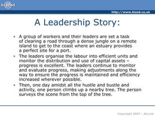 http://www.bized.co.uk
Copyright 2007 – Biz/ed
A Leadership Story:
• A group of workers and their leaders are set a task
o...