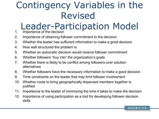 Contingency Variables in the Revised  Leader-Participation Model E X H I B I T 11 –5 <ul><li>Importance of the decision </...