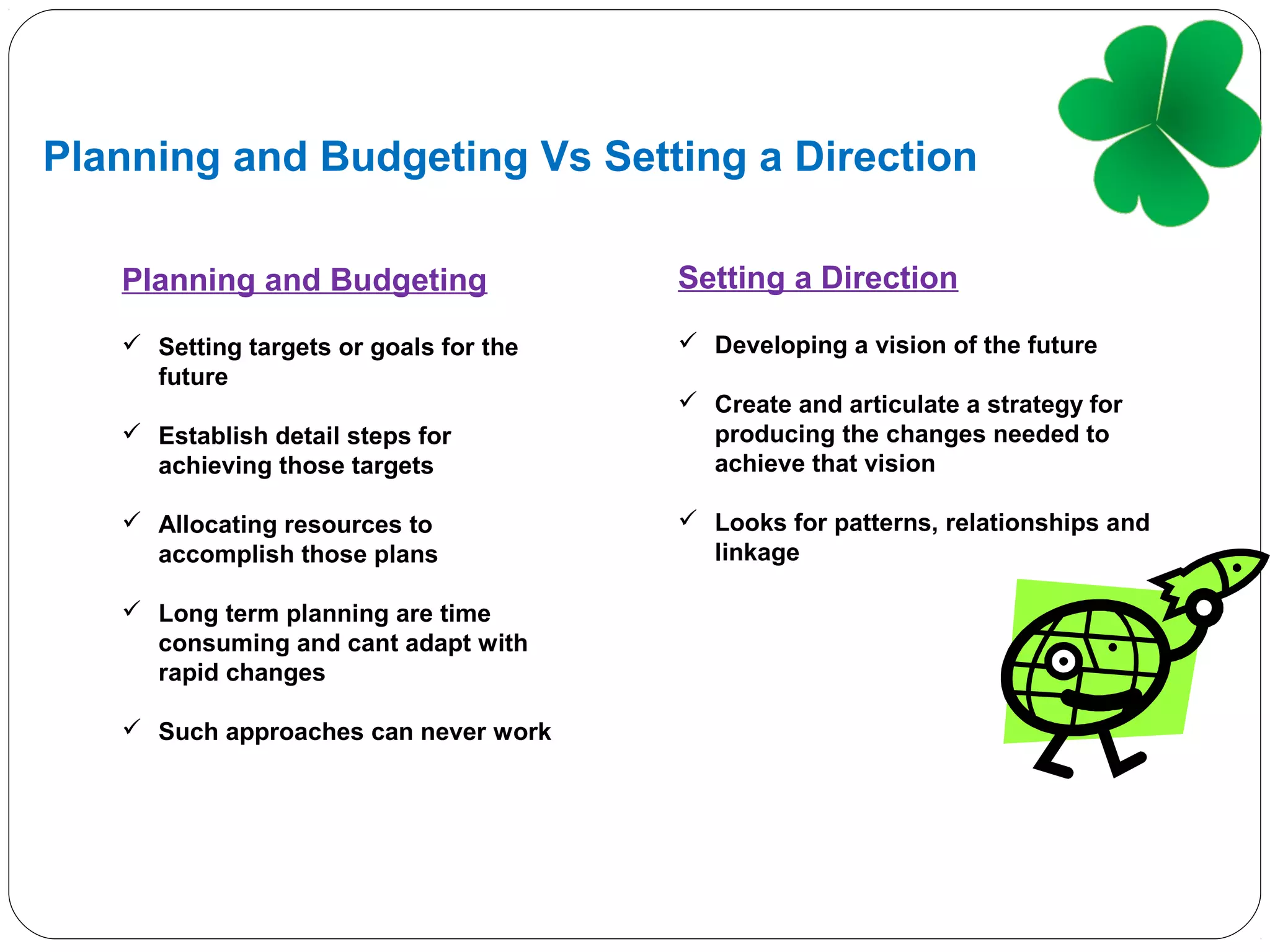 Planning and Budgeting Vs Setting a Direction
Planning and Budgeting
 Setting targets or goals for the
future
 Establish detail steps for
achieving those targets
 Allocating resources to
accomplish those plans
 Long term planning are time
consuming and cant adapt with
rapid changes
 Such approaches can never work
Setting a Direction
 Developing a vision of the future
 Create and articulate a strategy for
producing the changes needed to
achieve that vision
 Looks for patterns, relationships and
linkage
 