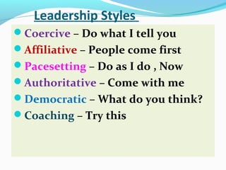 Leadership Styles
Coercive – Do what I tell you
Affiliative – People come first
Pacesetting – Do as I do , Now
Authoritative – Come with me
Democratic – What do you think?
Coaching – Try this
 