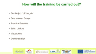 How will the training be carried out?
• On the job / off the job
• One to one / Group
• Practical Session
• Talk / Lecture...