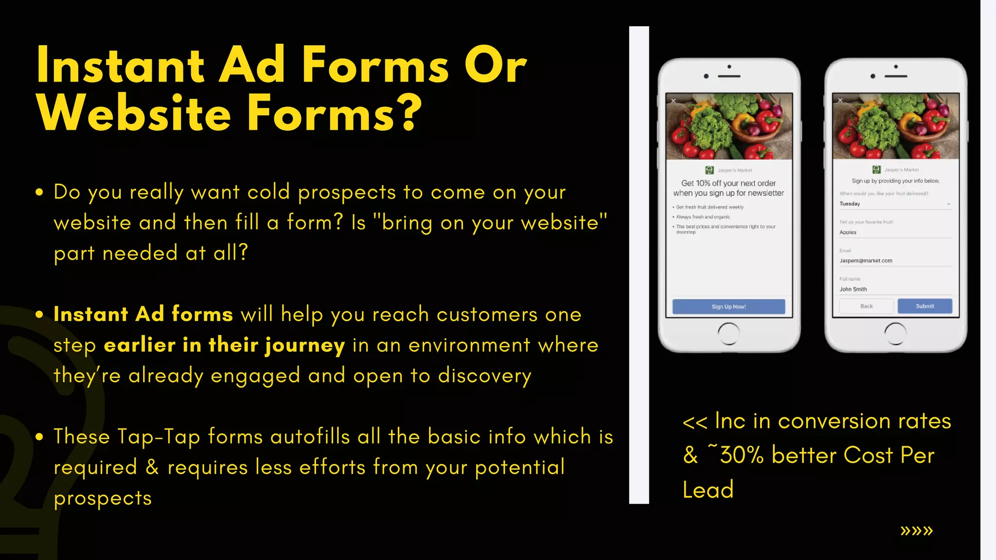 Do you really want cold prospects to come on your
website and then fill a form? Is "bring on your website"
part needed at all?
Instant Ad forms will help you reach customers one
step earlier in their journey in an environment where
they’re already engaged and open to discovery
These Tap-Tap forms autofills all the basic info which is
required & requires less efforts from your potential
prospects
Instant Ad Forms Or
Website Forms?
»»»
<< Inc in conversion rates
& ~30% better Cost Per
Lead