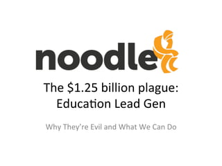 The	
  $1.25	
  billion	
  plague:	
  	
  
Educa7on	
  Lead	
  Gen	
  
Why	
  They’re	
  Evil	
  and	
  What	
  We	
  Can	
  Do	
  
 