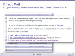 Direct Mail
4. Upon Delivery, Personalized Email Sent, Tasks Created for Call

Page 14
© 2014 Marketo, Inc.

@jonmiller

 