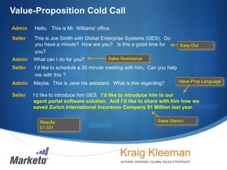 Value-Proposition Cold Call
Admin

Hello. This is Mr. Williams’ office.

Seller

This is Joe Smith with Global Enterprise Systems (GES). Do
you have a minute? How are you? Is this a good time for
you?

Easy Out

Sales Resistance

Admin

What can I do for you?

Seller

I’d like to schedule a 30 minute meeting with him. Can you help
me with this ?

Admin

Maybe. This is Jane his assistant. What is this regarding?

Seller

I’d like to introduce him GES. I’d like to introduce him to our
agent portal software solution. And I’d like to share with him how we
saved Zurich International Insurance Company $1 Million last year.
Results
0 / 331

Value-Prop Language

Sales Stench

 